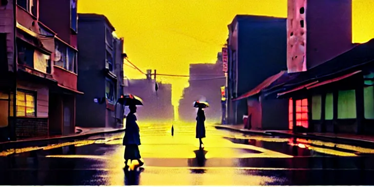 Image similar to an immaculate isometric cinematic keyframe matte painting of the silhouette of a young japanese girl standing in wide wet street 1 9 7 0 s vaporwave rust belt city at dusk with an oversized moon, just after the rain has cleared. by eric lafforgue, glennray tutor and edward hopper, greg rutkowski. trending on artstation.