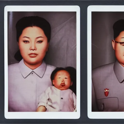 Prompt: kim jong creepy family, heroin addicts, polaroid