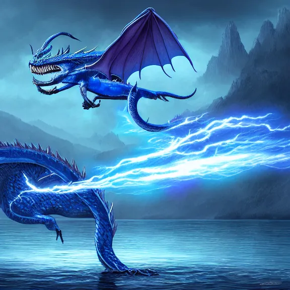 Image similar to blue dragon ghost, lightning, lake background, gerald brom, hyper detailed, 8 k, fantasy, dark, grim