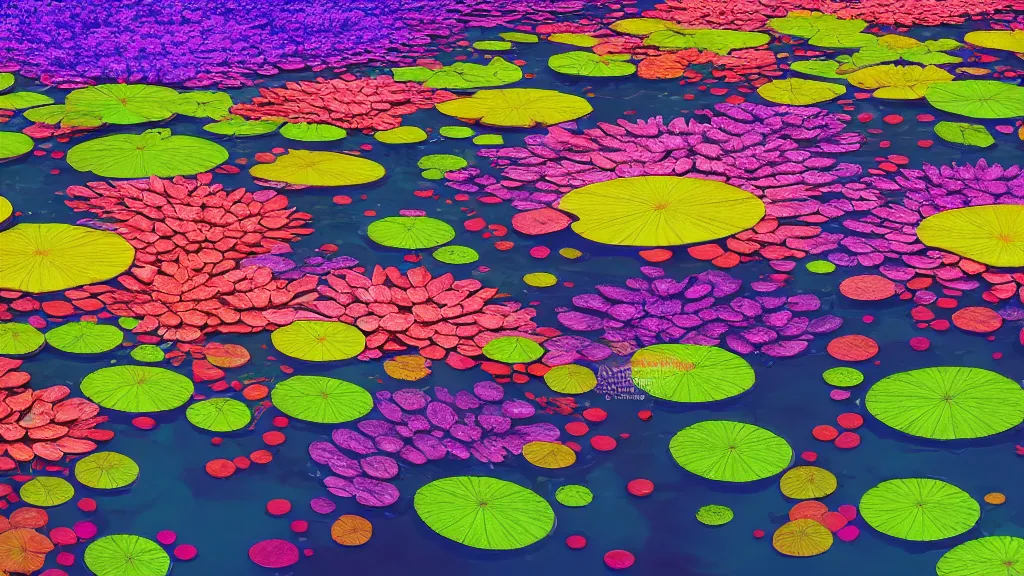 Prompt: digital illustration of a lake full of multi - colored megaflora water lily flowers by dr. seuss, reimagined by ilm and beeple : 1 | spectral color, electric color, rolling hills : 0. 9 | fantasy : 0. 9 | unreal engine, deviantart, artstation, hd, 8 k resolution : 0. 8