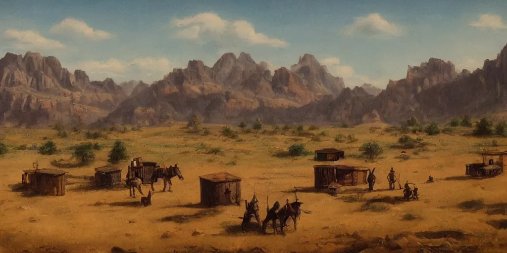 Prompt: a wild west scenery, camps in the background, painted