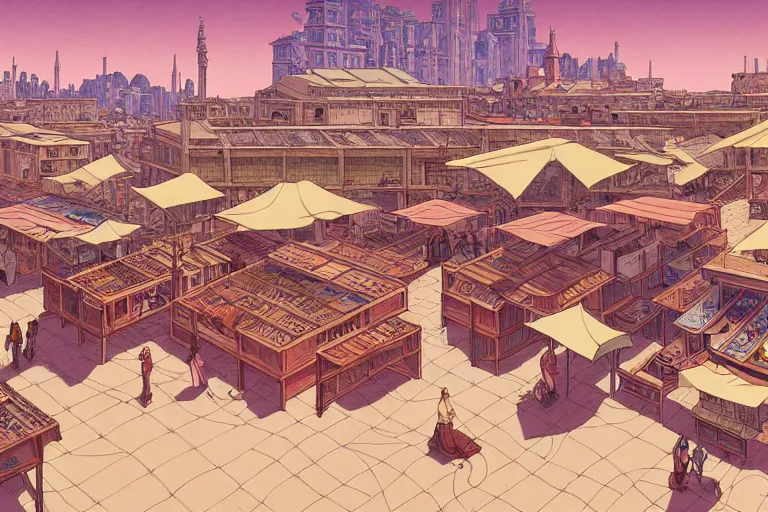 Prompt: cel-shaded study of a marketplace in a desert city with late renaissance buildings in the background, key visual with intricate linework, in the style of moebius, ayami kojima, 90's anime, retro fantasy