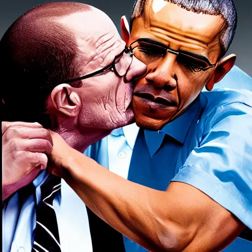 Prompt: Walter White kissing Obama