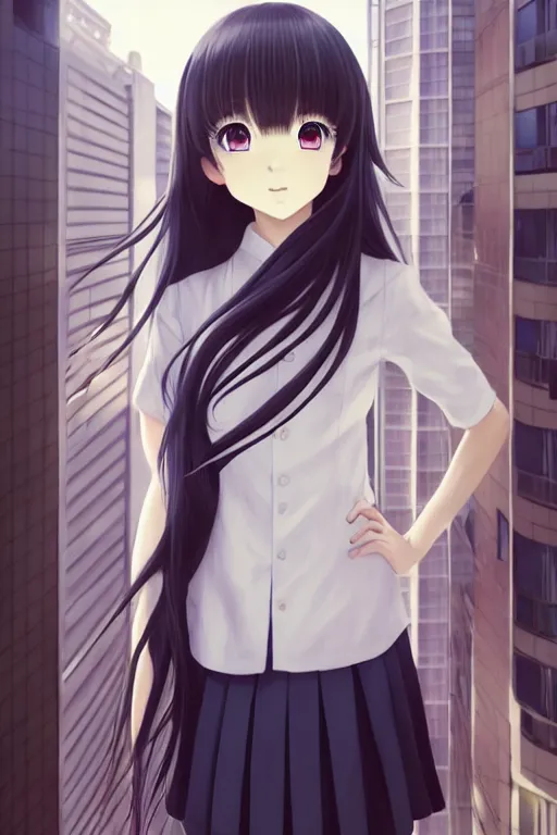 Image similar to beautiful full body portrait of a lone anime female with long flowing hair, wearing Japanese school uniform, standing on a balcony overlooking downtown Tokyo, D&D, fantasy, intricate, elegant, highly detailed, digital painting, artstation, concept art, smooth, sharp focus, illustration, art by ilya kuvshinov and WLOP and Ruan Jia and Krenz Cushart and greg rutkowski and alphonse mucha