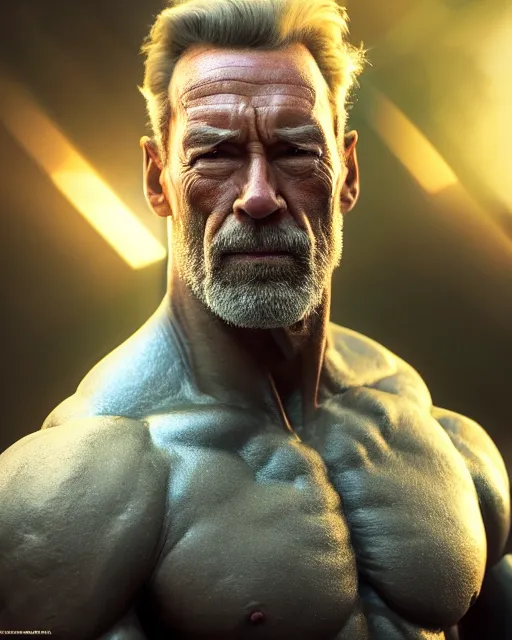 Image similar to Full potrait of Arnold Schwartchenegger as an angel, hyper realistic, prismatic highlights, atmosphere, gorgeous, depth of field, cinematic, macro, concept art, 50mm, artstation, wlop, elegant, epic, weta digital, focus, octane render, v-ray, 8k, kodak portra, art by Liberatore