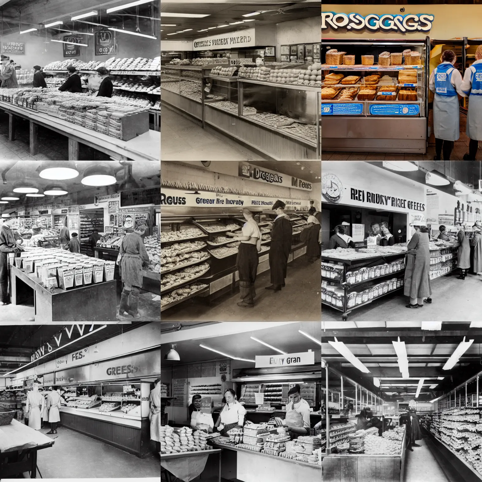 Prompt: interior of a greggs bakery selling mre field rations during a famine, promotional photograph, color, 4 k