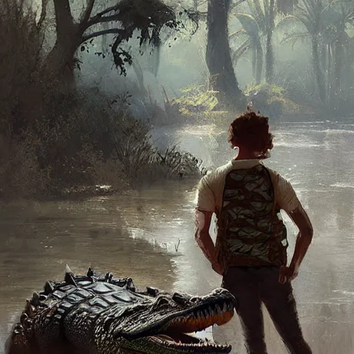 Image similar to an alligator, wearing a vest, wlop, greg rutkowski