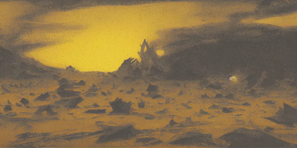 Prompt: tonalist landscape of martian wasteland with shattered ships, burnt sienna, payne's grey, titanium white, and yellow ochre, sharp details, high contrast, contre - jour, backlighting, golden ratio, crosshatching