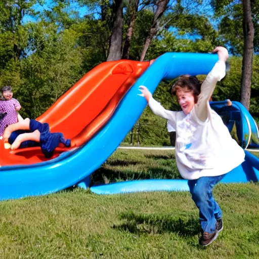 Image similar to kid going down chocolate pudding slip n slide head first, photo taken at the park