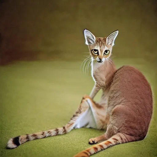 Image similar to a feline kangaroo - cat - hybrid, animal photography