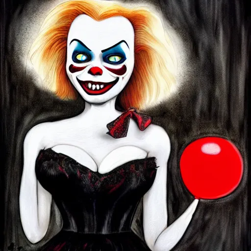 Image similar to grunge cartoon painting of margot robbie with a wide smile and a red balloon by chris leib, loony toons style, pennywise style, corpse bride style, horror theme, detailed, elegant, intricate