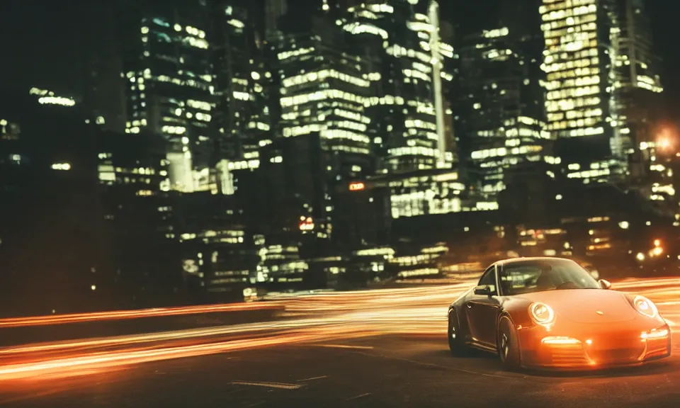 Image similar to photo of a porsche 911 at night drifting through a city, cinematic, 4k, long exposure photography, tokyo drift, fast and furious, film still, night photography, motion blur, lens flare, movie shot, light trail, distortion, wide angle