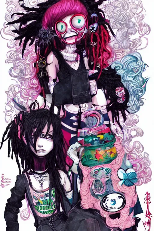 Prompt: kawaii pastel goth with dreads and eccentric clothing by jamie hewlett and artgerm, cel shading, toon shading, detailed,