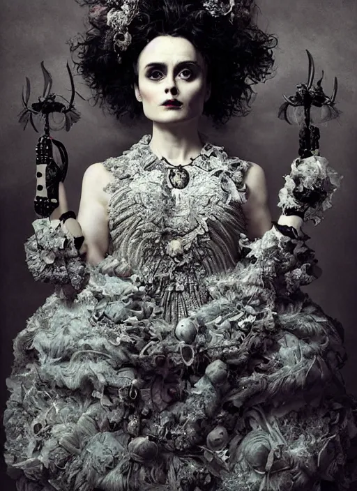 Image similar to a portrait of helena bonham carter by erwin olaf and nekro borja, photorealistic, intricate details, hyper realistic, dark fantasy, rococo onyx headpiece, crystals, photorealistic, canon r 3, photography, symmetrical features, symmetrical pose, wide angle shot, head to toe, standing pose, feet on the ground,