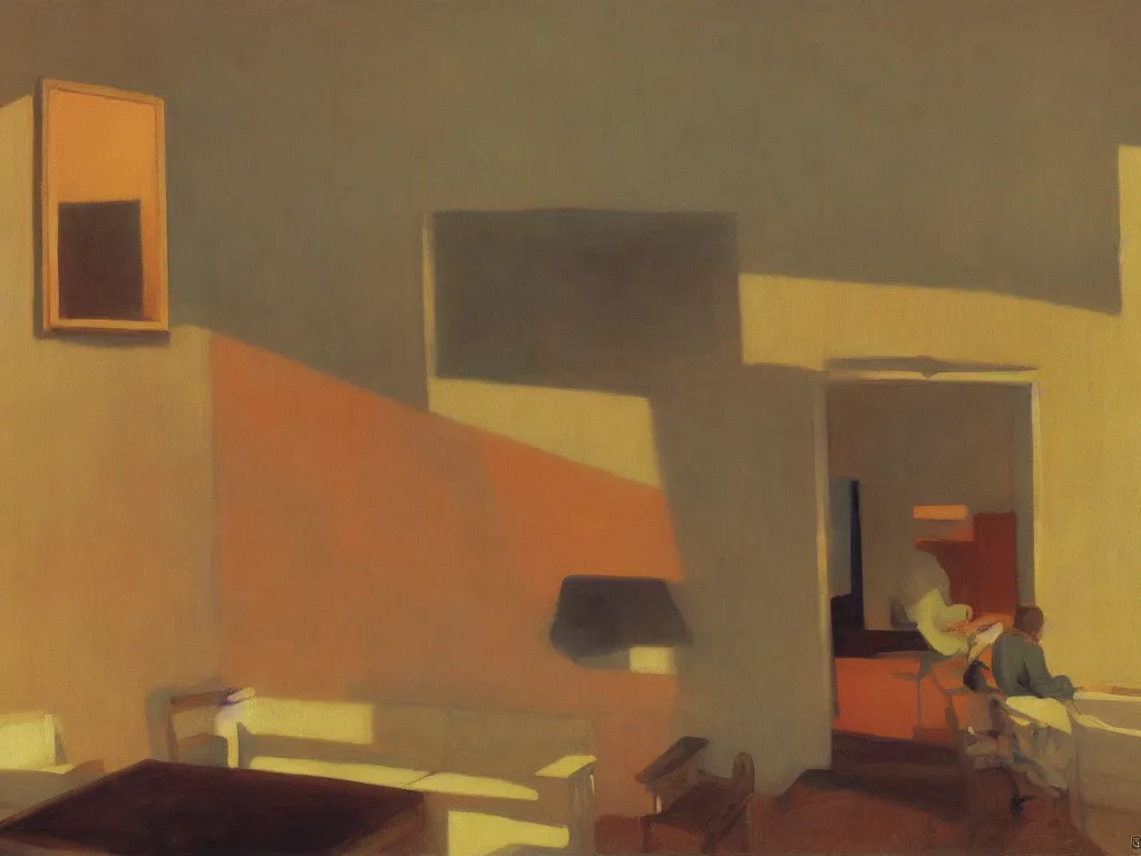 Image similar to the collector of corals in an interior. autumn sunset. painting by hopper