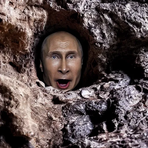 Image similar to photo inside a cavern of a wet reptilian humanoid putin partially hidden behind a rock, with black eyes, open mouth and big teeth