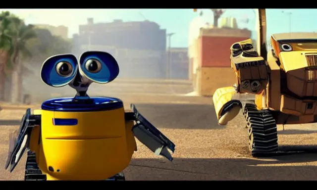 Image similar to full - color cinematic movie still from the 2 0 0 8 pixar animated film wall - e starring johnny 5 the robot from short circuit. high - definition 3 d - rendered animation.