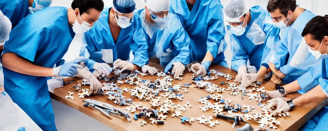 Image similar to a group of surgeons performing an operation on a jigsaw puzzle on a table