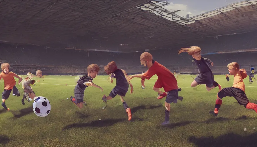 Prompt: five kids playing soccer in destroyed rfk memorial stadium, sunny day, hyperdetailed, artstation, cgsociety, 8 k