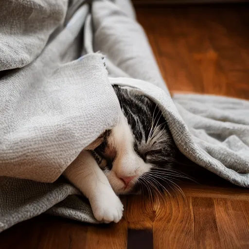 Image similar to a sadcat laying under a blanket, canon eos r 3, f / 1. 4, iso 2 0 0, 1 / 1 6 0 s, 8 k, raw, unedited, symmetrical balance, in - frame