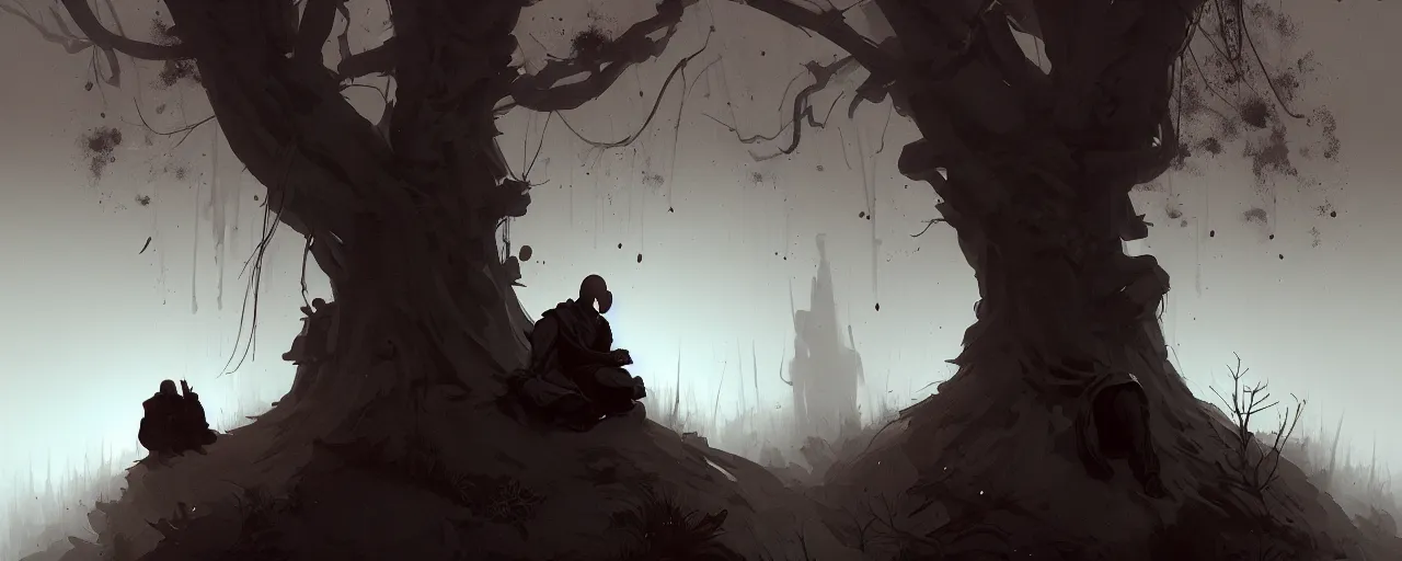 Image similar to duotone noir illustration close up of bald merchant demon sitting below willow tree in medieval brown tunic. foggy evening. dark dream atmosphere with volumetric hellish lighting, by sachin teng and sergey kolesov and ruan jia and heng z. graffiti art, scifi, fantasy, hyper detailed. octane render. concept art. trending on artstation