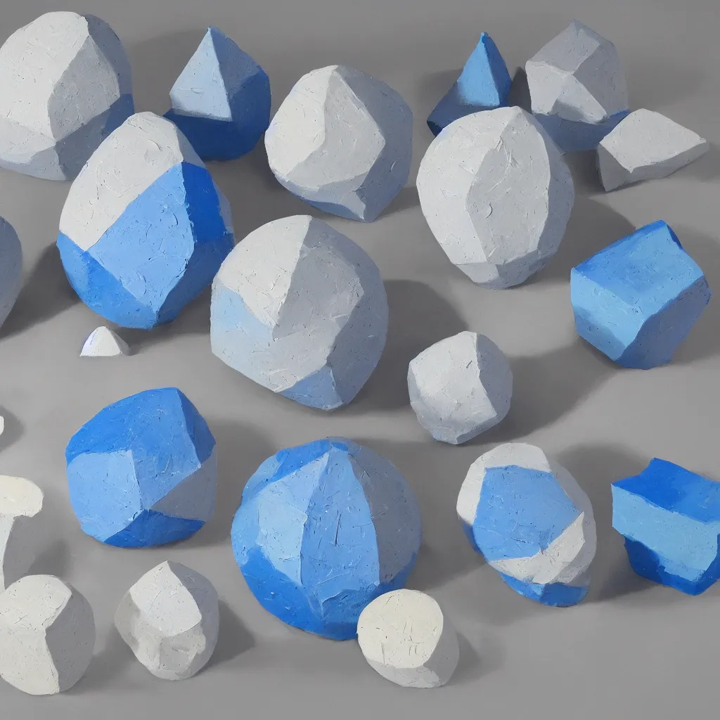Image similar to 3 dimensional solid large globular geometric 3 d shapes made of solid impasto oil paint, with strong top right lighting creating shadows, colours cream and blue - grey