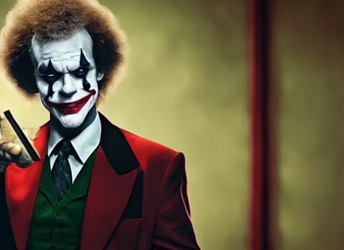 Image similar to film still of Bob Ross as Joke in the new Joker movie, 4k