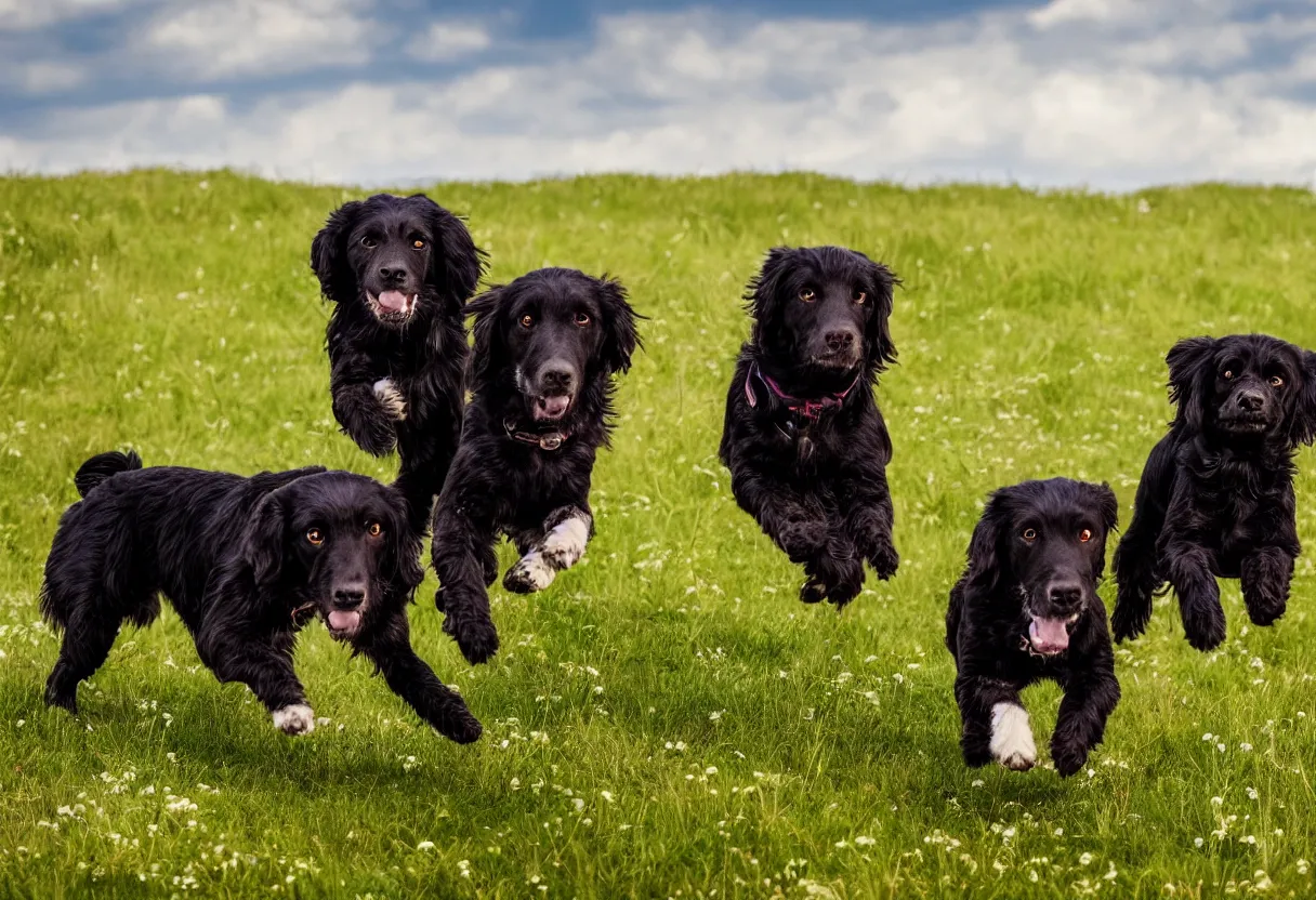 Prompt: Two dogs, One black spaniel dog and One light brown spaniel dog running in a meadow low angle realism epic background 4k