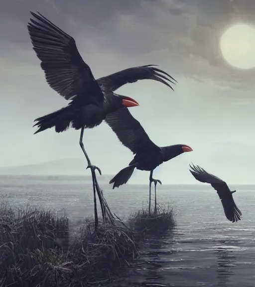 Image similar to three long legs long beak crows in a little boat in a swamp, volumetric lighting, majestic light, octane render, ethereal glare of the sun, hyperrealistic, epic, masterpiece, by greg rutkowski