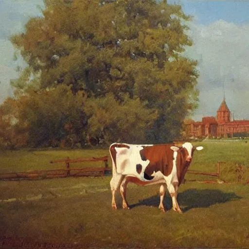 Prompt: painting by zorn, cow wearing!!! clothes!!! standing next to royal castle!!