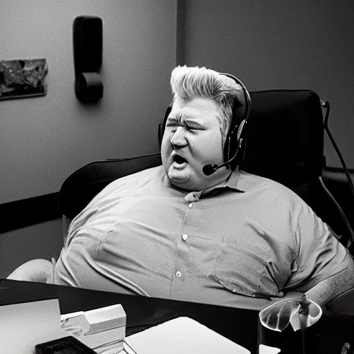 Image similar to obese David Lynch wearing a headset yelling at his monitor while playing WoW highly detailed wide angle lens 10:9 aspect ration award winning photography Twin Peaks