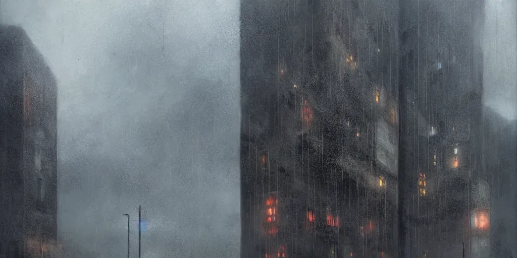 Image similar to brutalist architecture, rainy day, ominous evening, matte painting by greg rutkowski and craig mullins