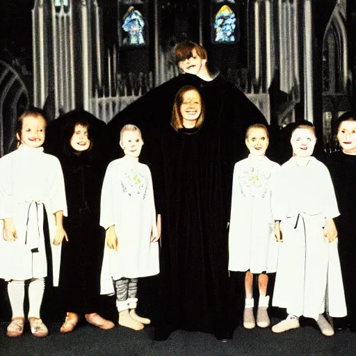 Image similar to ! dream vintage 1 9 8 0's dutch children's show, a happy photogenic group of children in black cult robes standing around a large giant evil demonic horrifying angry detailed monstrous demon creature inside a candlelit gothic cathedral