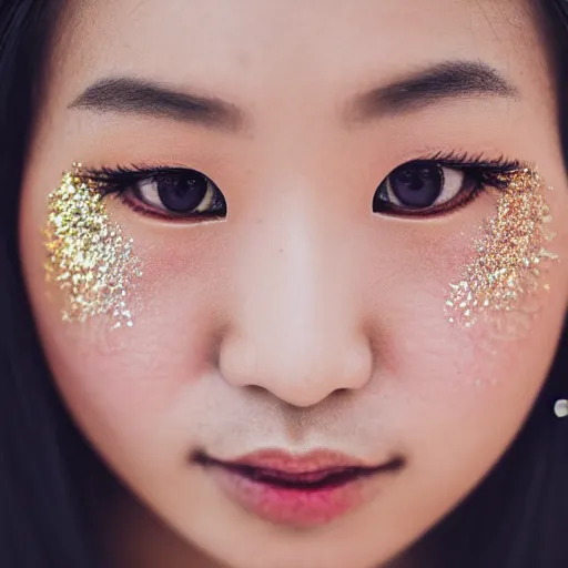 Image similar to Close-up of an young asian woman's face, wearing glitter. Photography, Canon. Award Winning.