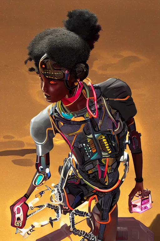 Image similar to a black girl fixing a robot, in the nature, mixing solarpunk, afropunk and cyberpunk technology and aesthetic ( ( ( ( volumetric light ) ) ) ), high angle, part by pearl fryar, part by prince damah, sunny day, trending on artstation, cinematic view, illustration, painting.