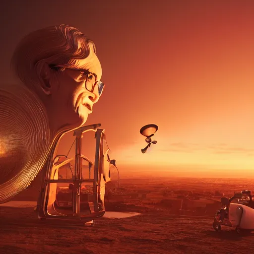 Prompt: stephen hawking sitting before the pearly gates, angels with trumpets in the sky, majestic, golden structures, warm sunset, octane render, fantastical, trending on artstation