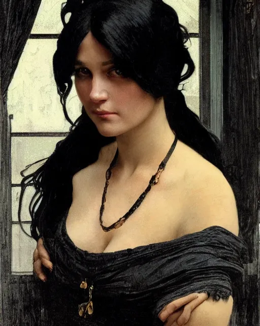 Image similar to portrait of a tall 4 0 - year - old woman with thin lips, long, lush black hair gathered on the head, and thick eyebrows, wearing in black clothes, aristocratic appearance, hyper realistic face, beautiful eyes, close up, fantasy art, in the style of greg rutkowski, intricate, alphonse mucha, hyper detailed, smooth