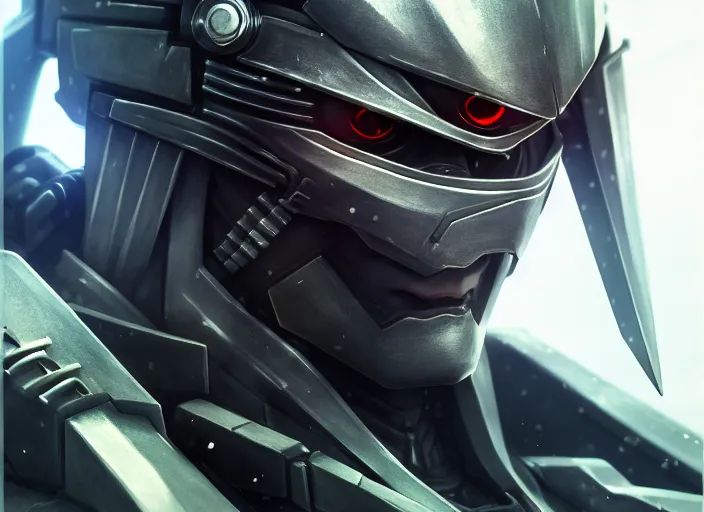 Image similar to a anime portrait of a cyborg ninja raiden, finely detailed features, closeup at the face, sharp focus, perfect art, warzone background, cinematic lighting, intricate, anime, illustration, artstation, trending on pixiv fanbox, painted by greg rutkowski, studio ghibli, yoji shinkawa, hayao miyazaki,