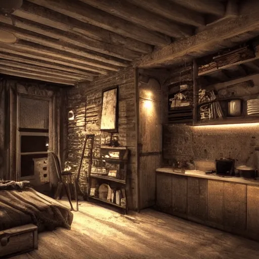 Prompt: rustic apartment interior, highly detailed, concept art, dark moody, night