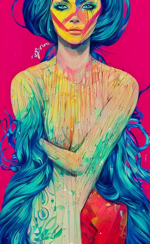 Image similar to an ultra detailed beautiful painting of a stylish woman with colorful sundress, movie poster, modern, symmetrical, harumi hironaka, conrad roset, greg rutkowski