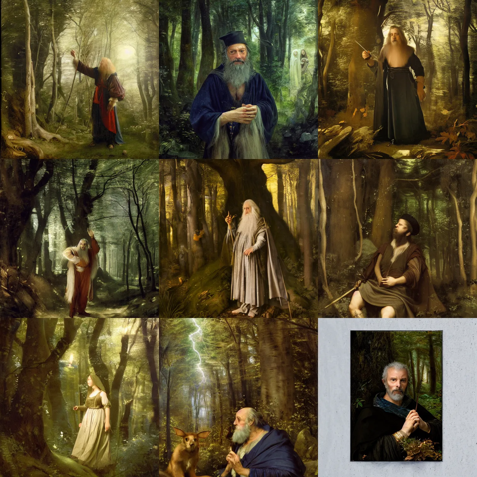 Prompt: portrait of merlin, the wizard, in a fae forrest. close up, bokeh, editorial photography, nikon d 7 5 0, 8 k, ycbcr, moody lighting, lumen reflections, oil painting by akihito yoshida, annibale carracci, camille corot, and ivan shishkin