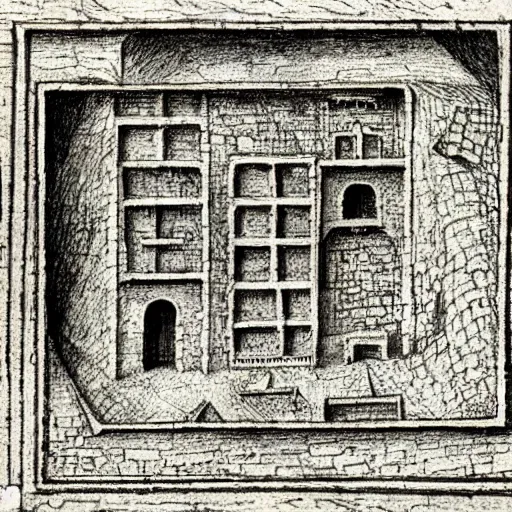 Image similar to medieval high detailed drawing of a jail made by a pen on an antique map paper