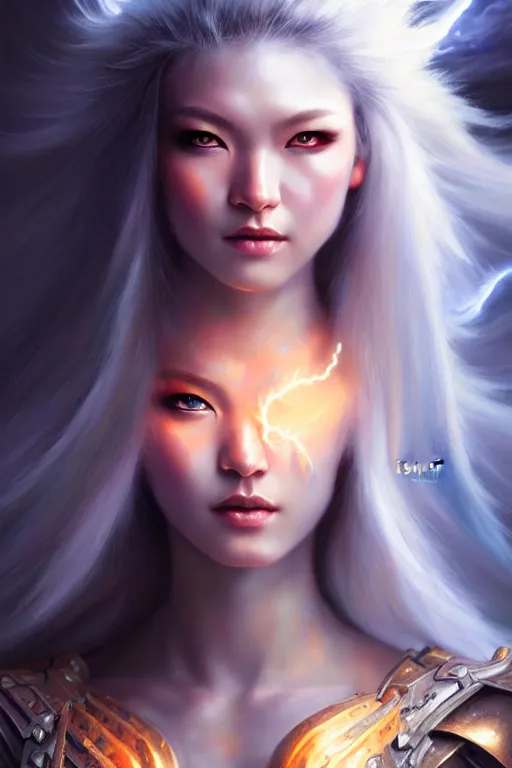 Image similar to oil painting, sakimi chan, white skin, fantasy armor, detailed face, tony sart, wind, lightning, dramatic lighting