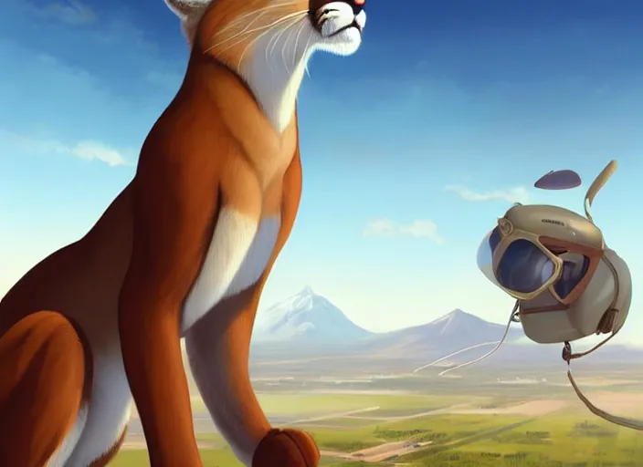 Image similar to character portrait feature of the anthro female anthropomorphic puma bobcat mountain lion fursona wearing airline pilot outfit uniform professional pilot for delta airlines character design stylized by charlie bowater, ross tran, artgerm, and makoto shinkai, detailed, soft lighting, rendered in octane