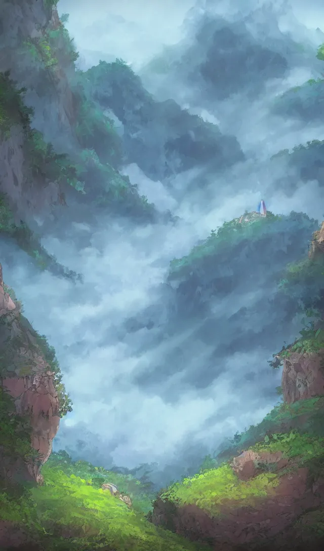 Image similar to magical landscape, mountains, misty, in the style of studio ghibli, high detail