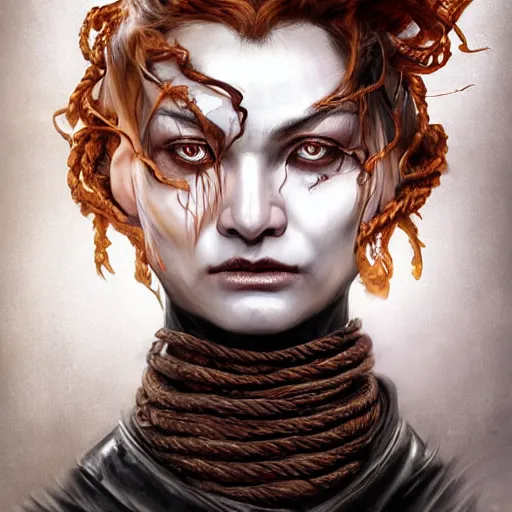 Image similar to portrait of a Shibari rope wrapped face and neck, headshot, insanely nice professional hair style, dramatic hair color, digital painting, of a old 17th century, old cyborg merchant, amber jewels, baroque, ornate clothing, scifi, realistic, hyperdetailed, chiaroscuro, concept art, art by Franz Hals and Jon Foster and Ayami Kojima and Amano and Karol Bak,