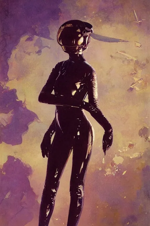 Image similar to pulp scifi fantasy illustration full body portrait of elegant woman wearing latex spacesuit, by norman rockwell, jack kirby, bergey, craig mullins, ruan jia, jeremy mann, tom lovell, 5 0 s, astounding stories, fantasy