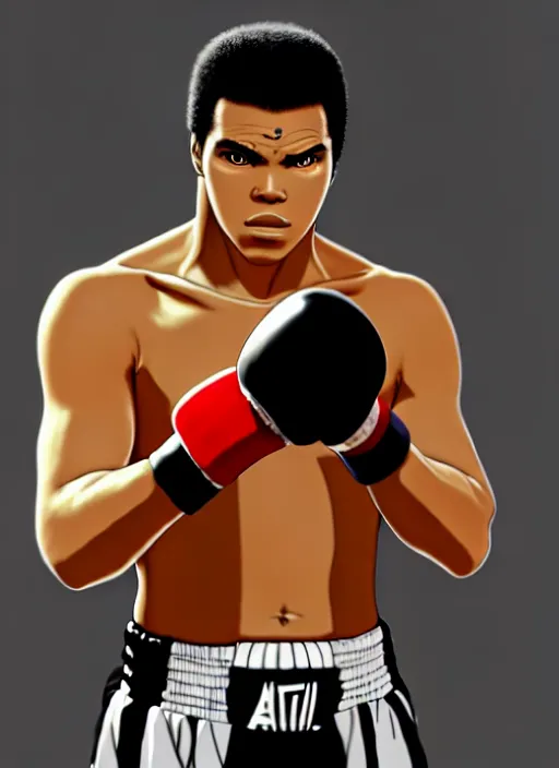 Image similar to portrait of muhammad ali as a naruto character, au naturel, hyper detailed, digital art, trending in artstation, cinematic lighting, studio quality, smooth render, unreal engine 5 rendered, octane rendered, art style by klimt and nixeu and ian sprigger and wlop and krenz cushart and masashi kishimoto and ghibli