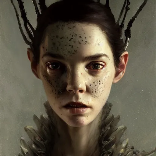 Prompt: alien dark fae girlboss based on jennifer connelly mixed with anya taylor - joy, bumpy mottled skin, big black feathered wings instead of arms, body horror, expressive oil painting, by yoshitaka amano, by greg rutkowski, by jeremy lipkinng, by artgerm, digital art, octane render