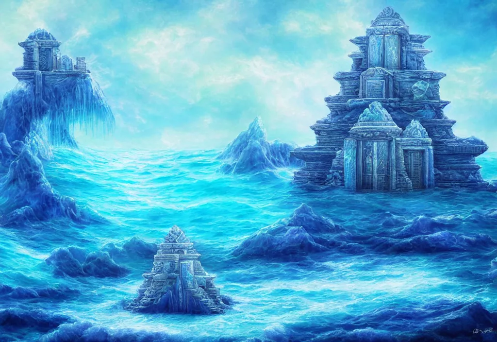 Image similar to ocean temple made out of crystalline blue stone, fantasy, mystical, ocean, 3 d, painting, ocean, water